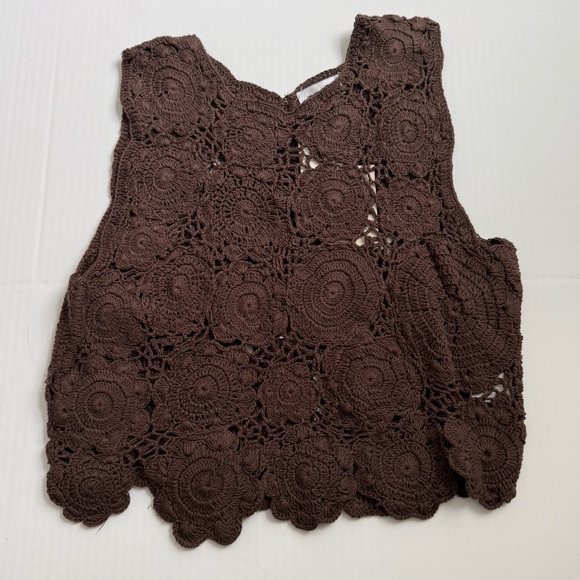 Evereve Tops - Evereve Hand Crochet Floral Lace Tank Top Brown Boho Sleeveless Size L